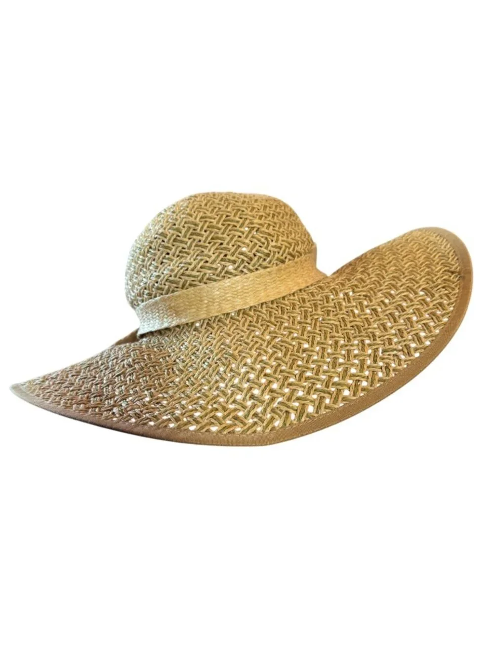 Vintage Women Wide Brim Paper Straw Sun Hat Bow Beige Summer Beach 57cm - Picture 2 of 10